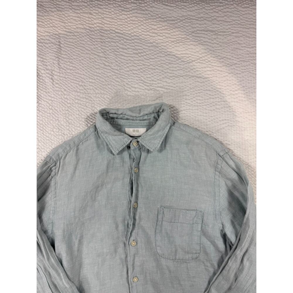 UNIQLO Shirt Womens Large Blue Linen Button Up Long Sleeve Casual Beach - Picture 3 of 9